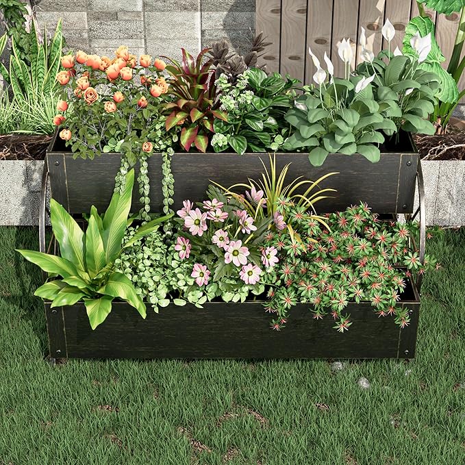 Metal Wagon Planter Box, 3-Tier Garden Planter with Wagon Wheels, Decorative Outdoor Planters for Flowers Herbs Vegetables, Flower Cart Small Raised Garden Bed for Patio, Balcony (Retro Gold)