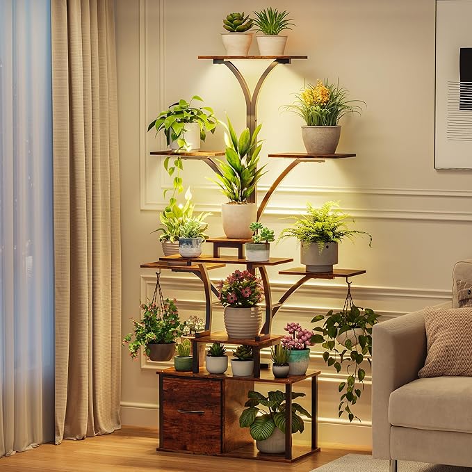 Tree-shaped 63" Tall Plant Stand Indoor with Grow Light 3 Color Modes - 10 Tiered Plant Shelf with Drawer, 10 Brightness Levels, Timer, Wide Base, Lighted Corner Plant Stands for Living Room, Balcony