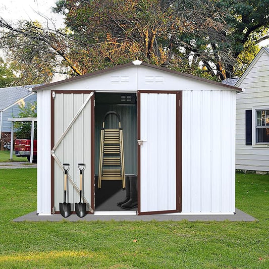 Favfurish 10x8 FT Metal Garden Sheds with Hinged Door and Padlock & Punched Vents,Aluminum Outdoor Storage Shed w/Eco-Friendly Painting,for Bike, Barbeque,Tool,White+Coffee