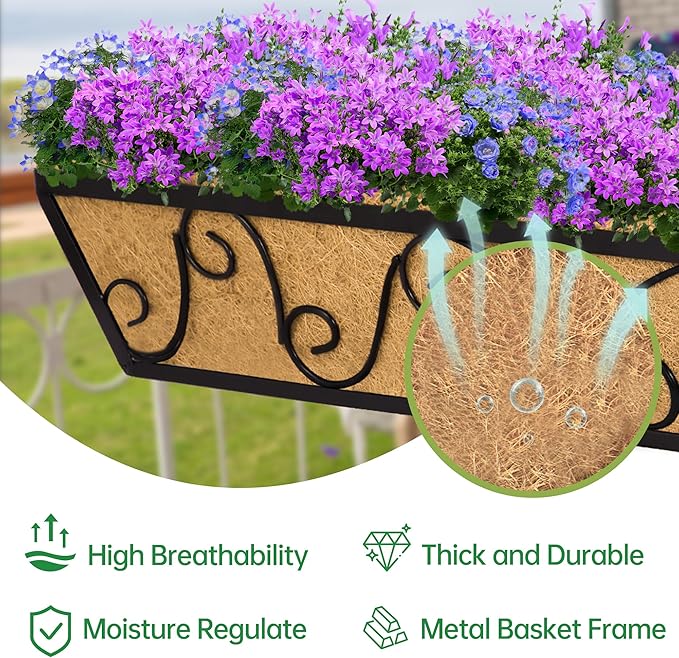 Y&M 30 Inch Butterfly Window Deck with Coco Liner, Fence Metal Hanging Flower Planter Window Basket Deck Railing Planter Boxes for Outdoor Garden Lawn 6pcs