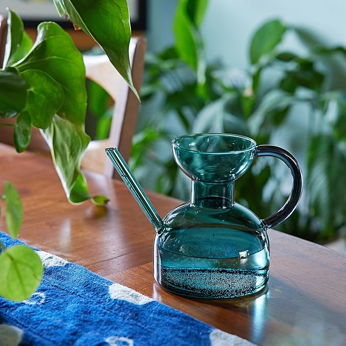 Modern Sprout Plant Watering Can - Handcrafted from Borosilicate Glass - Long Spout Vessel for Indoor Plants - 32 Oz Capacity - Multipurpose Watering Can and Flower Vase for Houseplants (Teal)