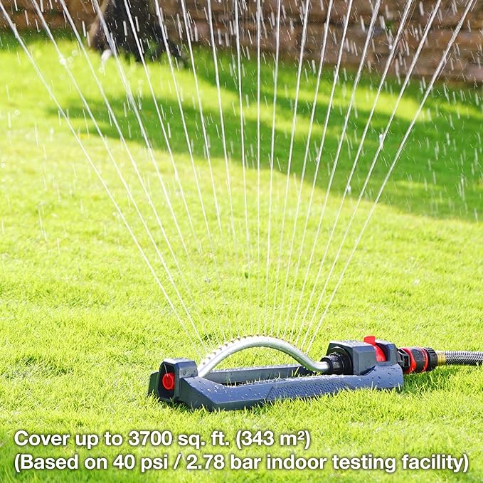 Eden 96217 Turbo Oscillating Sprinkler, Covers Up to 3,500 sq. ft., 18 Brass Nozzles, Sturdy Weighted Base, Adjustable Range, Quick Connect Bundle, Black, Red, Silver