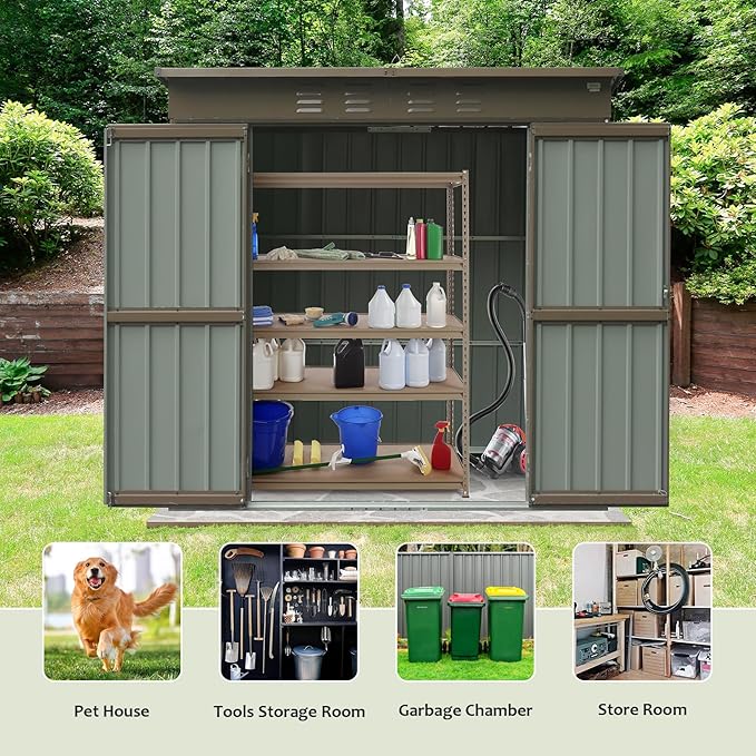 6x4ft Outdoor Storage Shed, Metal Tool Shed with Lockable Double Door and Sloping Roof, Galvanized Steel Garden Bike Storage for Backyard Lawn