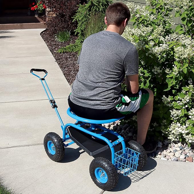 Sunnydaze Garden Seat with Wheels - Rolling Gardening Seat - Garden Stool on Wheels with Adjustable Handle and Utility Tray - Blue