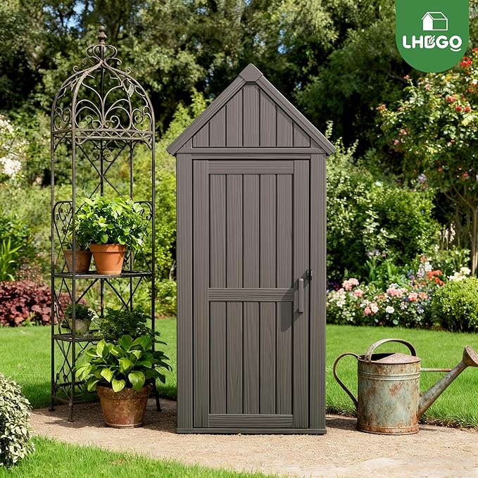 Outdoor Storage Shed with Door & Shelf, Large Capacity Weatherproof Garden Tool Cabinet with Multiple Hooks for Backyard, Patio, Lawn（Gray