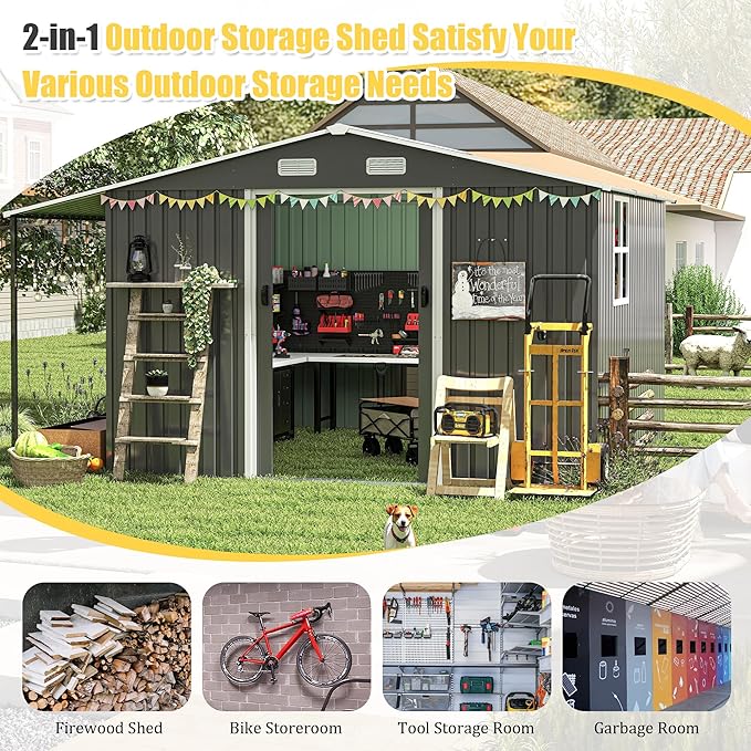 10x12 FT Outdoor Storage Shed,Extra Large Metal Garden Tool Shed with Lockable Doors,Windows & Air Vents,Dual-Zone Design Outside Steel Tiny House for Backyard, Patio Lawn,Dark Gray