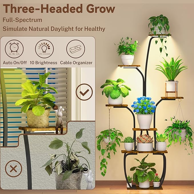 Plant Stand Indoor with Grow lights, 55" Tall 7 Tiered Large Plant Shelf for Indoor Plant Vase-Shape Rack Plant Pot Holder Gardening for Living Room Corner Black