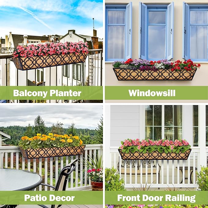 Y&M 30 inch Window Planter Box 2Pcs Iron Window Deck Railing Planter with Coco Liner, Metal Horse Troughs Fence Planter for Outdoor Balcony Rail Fence Porch Patio