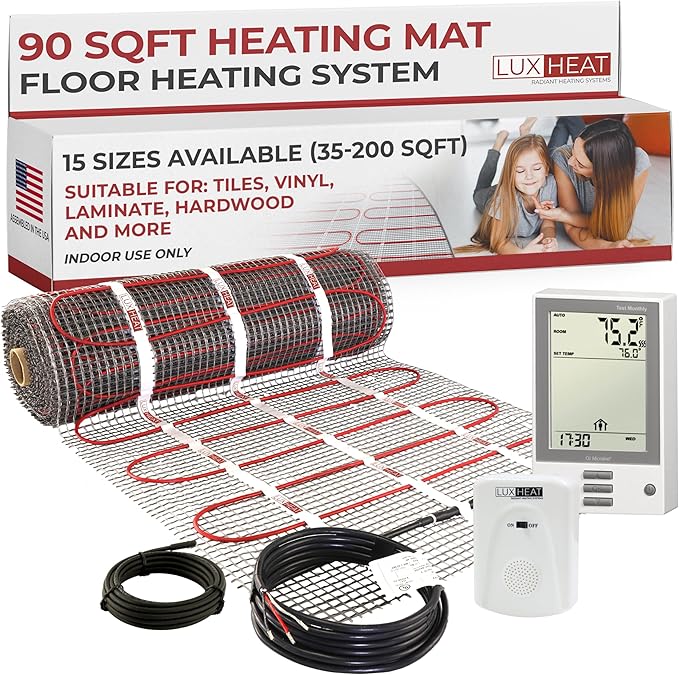 LuxHeat 90 Sqft Mat Kit, 240v Electric Radiant Floor Heating System for Under tile, Stone and Laminate. Kit Includes Alarm, Heated Floor Mat, UDG OJ Microline Programmable Thermostat w/GFCI & Sensor