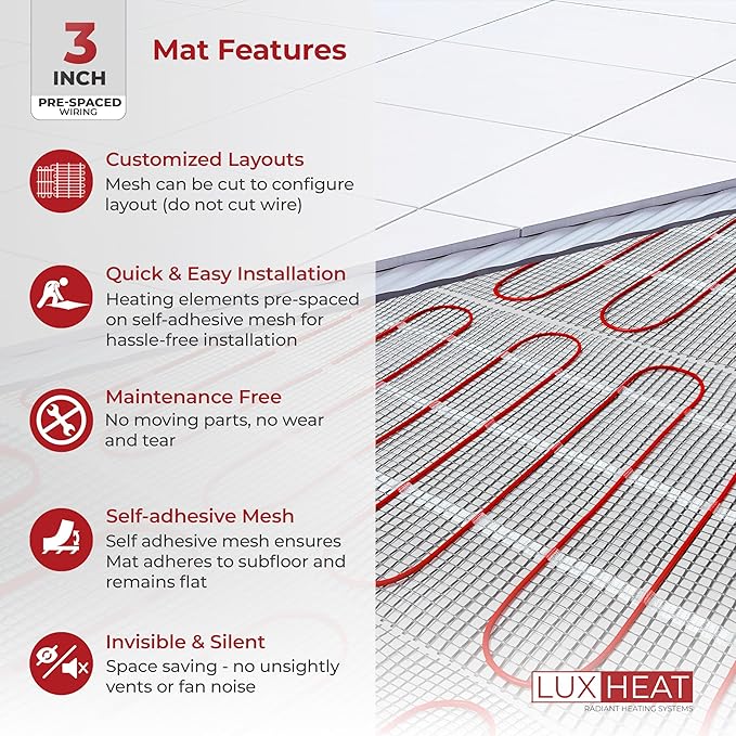 LuxHeat 140 Sqft Mat Kit, 240v Electric Radiant Floor Heating System for Under tile, Stone and Laminate. Kit Includes Alarm, Heated Floor Mat, UDG OJ Microline Programmable Thermostat w/GFCI & Sensor