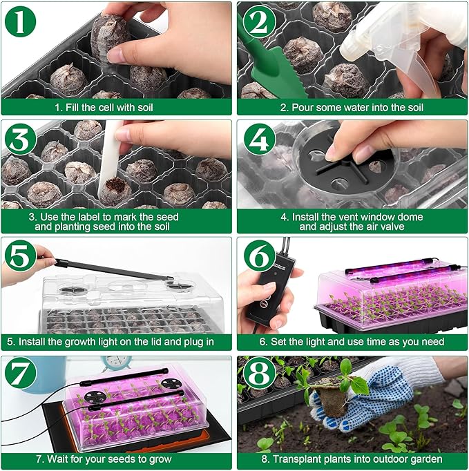 2 Set Seed Starter Kit 40-Cell Seed Starter Tray with Grow Light Full Spectrum Seedling Heat Mat 40 Peat Pellets Seed Starting Soil Plant Label Garden Tool for Germination Seeds Growing, Black