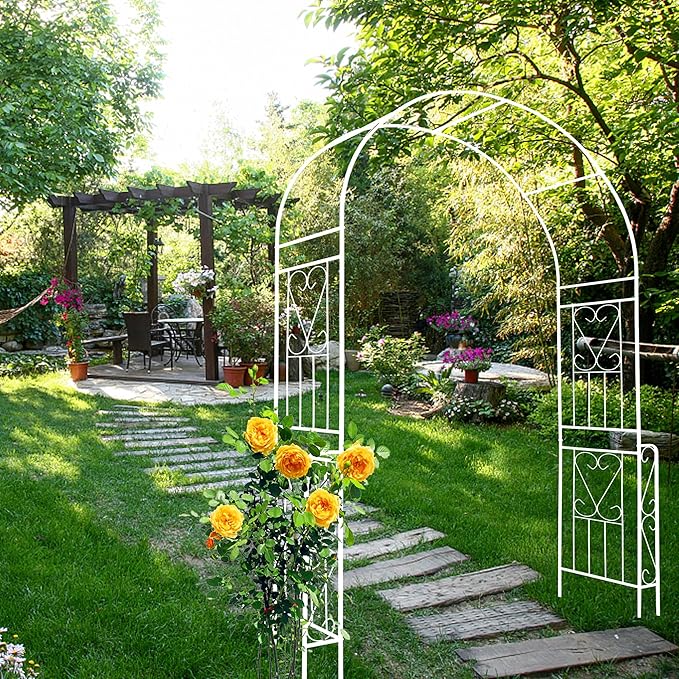 Metal Garden Arch, Assembly Garden Arbor Trellis Climbing Plants Support Rose Arch Outdoor Wedding Arch Party Events Archway (W55'' x H94.5'', Cream White)