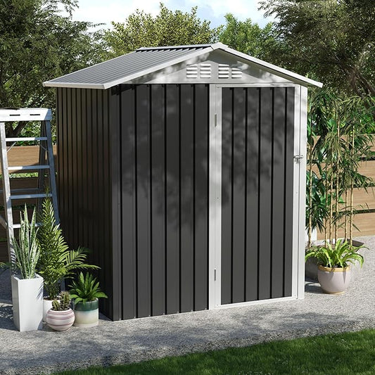 5.4x4.27 FT Outdoor Storage Shed, Metal Garden Tool Shed with Sloping Roof and Lockable Doors for Backyard Garden Patio Lawn, Grey