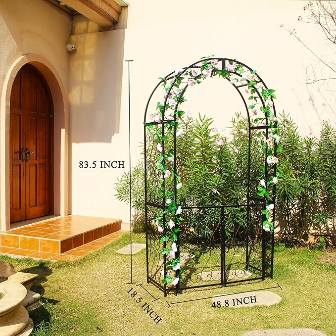 Heavy-Duty Arbor with Gate 48.8" W x 83.5" H, Iron Arch Trellis Arbor Archway for Climbing Plants Roses Vines Support Rack, Outdoor Lawn Backyard Patio Wedding Party Ceremony Decoration
