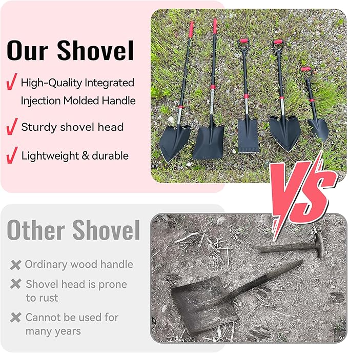 SHARK ATTACK 5-Piece Steel Shovel Set with D-Grip Handles - Multi-Size Garden Shovels with Powder Coating for Digging, Planting & Car Emergency