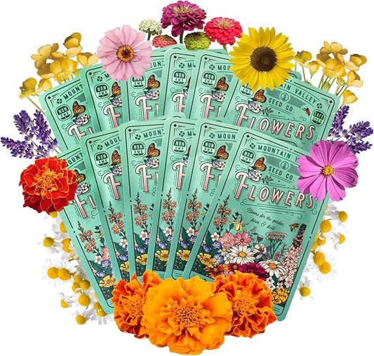 Flower Garden Seed Collection - 12 Varieties of Flower Seeds for Planting, ~6,000 Seeds - Includes Zinnia, Marigold, Poppy, Cosmos, Sunflower, Painted Daisy, Nasturtium, Lavender, Calendula & More