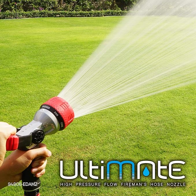Eden 96806 Heavy Duty Metal Fireman Hose Nozzle, Water Nozzle w 7 Spray Patterns, High Pressure Garden Hose Sprayer w Quick Connect Set for Watering Plants,Garden Lawn