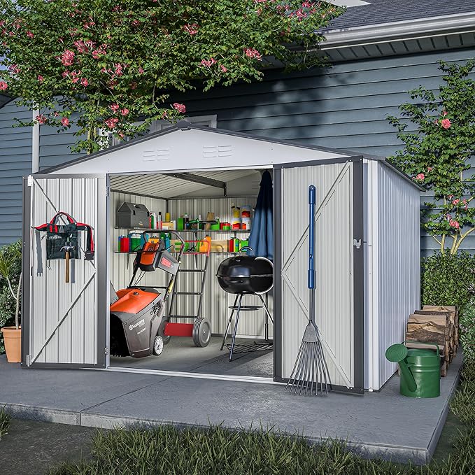 10X8 FT Outdoor Storage Shed W/Lockable Hinge Doors,Metal Shed W/Sloped Roof & 4 Air Vents,All Weather Garden Tool House for Backyard Patio Lawn,White