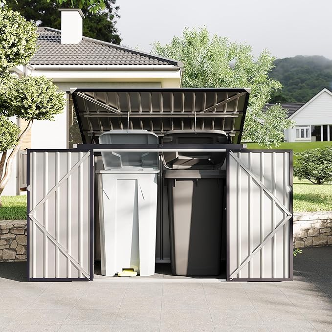 Outdoor Trash Can Storage 2 Binsgarbage Bin Storage Shed, 3x6 FT Garbage Bin Storage Shed with Chain Lid, Metal Outdoor Storage for Garden, Backyard, Lawn and Patio