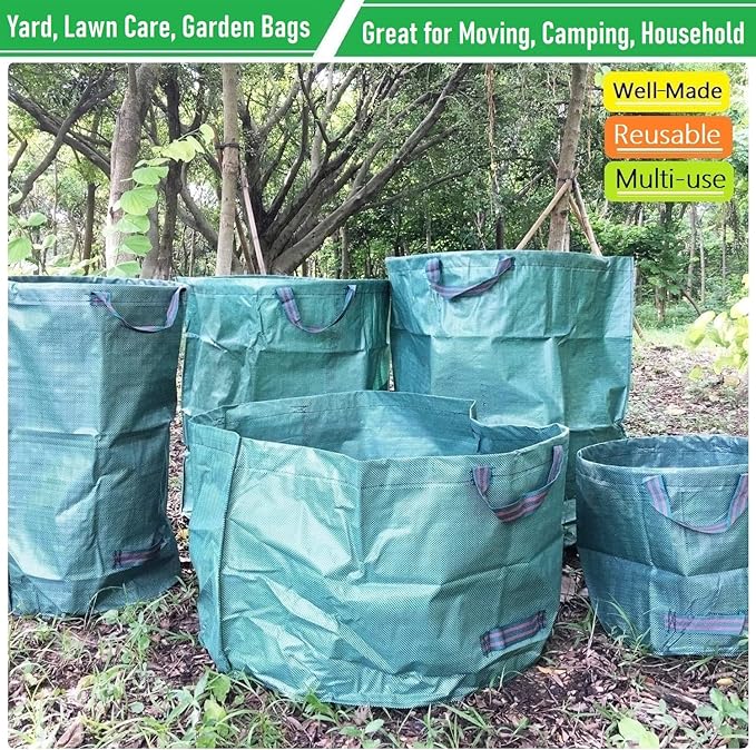 Professional 3-Pack 63 Gallon Lawn Garden Bags Large (D31,H19 inch) Yard Waste Bags W/Gardening Gloves,Standable,Reusable Leaf Bag,Lawn Debris Bin,Garden Trash Container,Plant Trimmings Bag 4 Handles