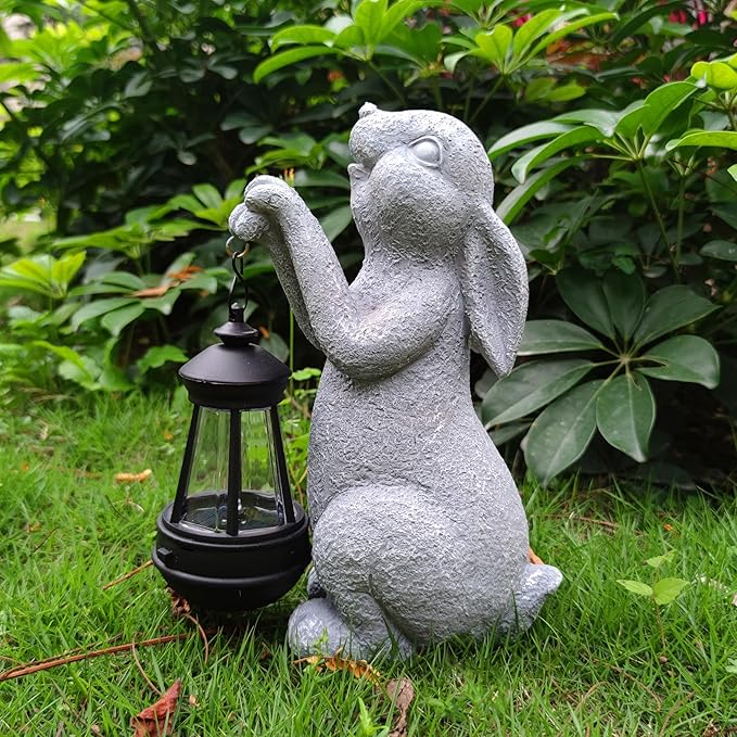 Rabbit Solar Garden Outdoor Statues,Resin Rabbit Figurine Decorations with Solar Lights Lantern, Outdoor Resin Bunny Decor for Lawn,Yard, Unique Housewarming Gift for Garden Home