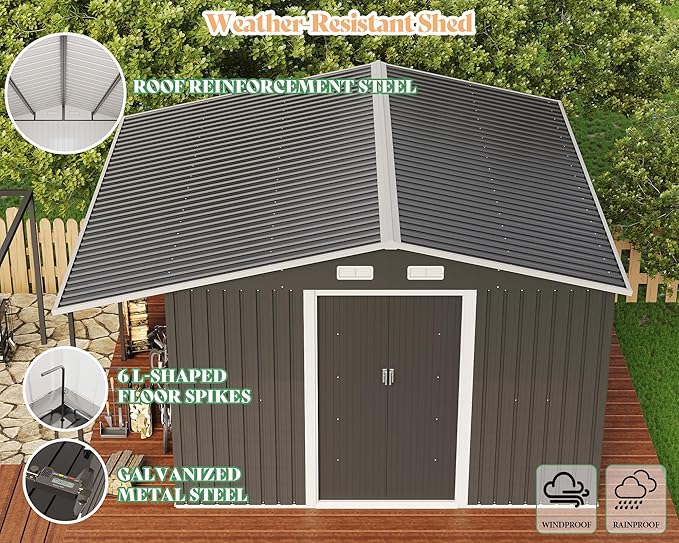 AMERLIFE 12x12x6.6 FT Galvanized Metal Storage Shed with Open Firewood Bay, Sliding Doors & Ramp, 2 Windows & Vents, Weather-Resistant Outdoor Tool/Garden Shed, Dark Grey/White