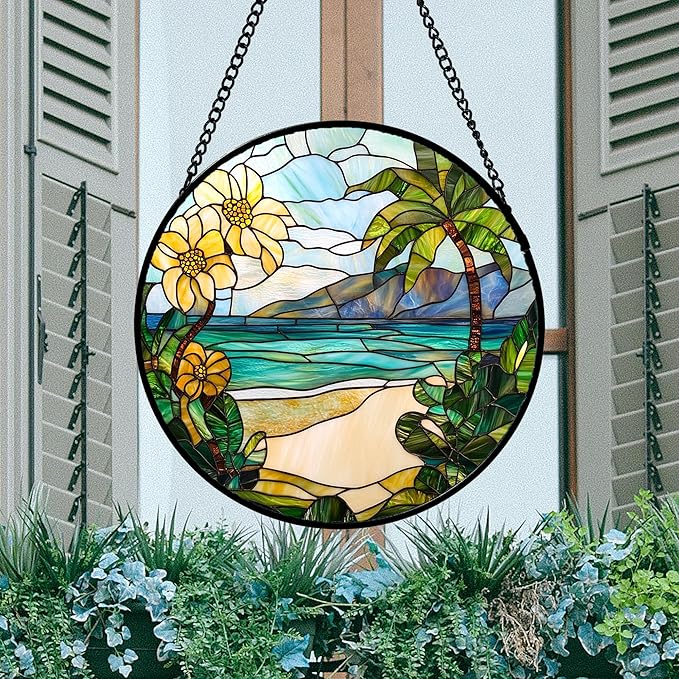 Stained Glass Window Hanging 4 Pcs Set Blue Ocean Coconut Tree Scenery 7.8" - Suncatcher Door Garden Sun Catcher Decor Birthday Christmas for Mom Woman Nana Men