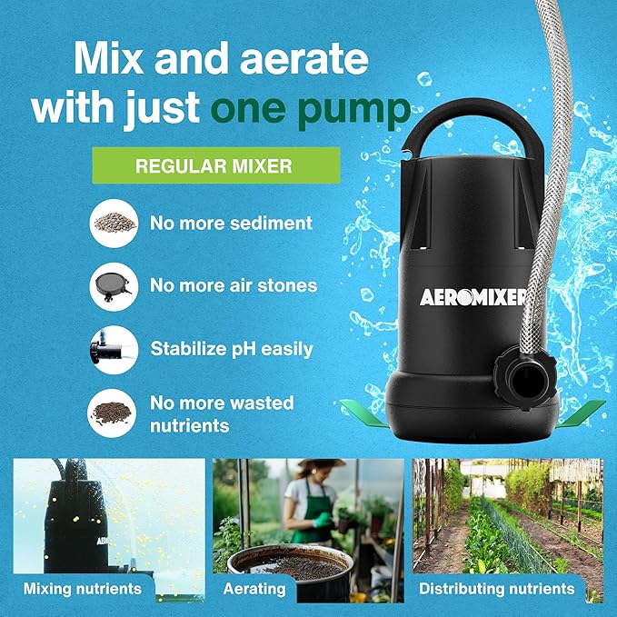 Aeromixer Regular 3/4 HP Submersible Mixing + Aerating Pump - Submersible Water Pump for Nutrient Mixing and Aerating, Electric Garden Water Pumps, Heavy Duty Outdoor Pumps for Farming and Gardening