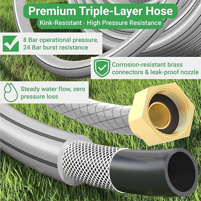 Retractable Garden Hose Reel, 1/2 in x 130 ft, Wall Mount Hose Reel, with 180° Swivel Bracket, Automatic Slow Return System, Any Length Lock for Outside
