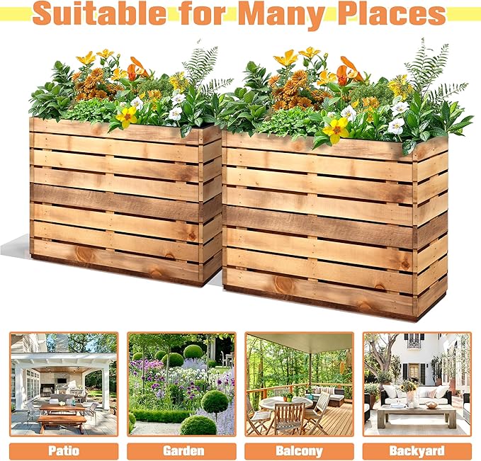 FENCY Metal Rectangular Planter Box, Large Planters for Outdoor Plants, Tall Planters for Outdoor Plants with Drainage Holes (30" L x 12" W x 24" H,Walnut Finish)