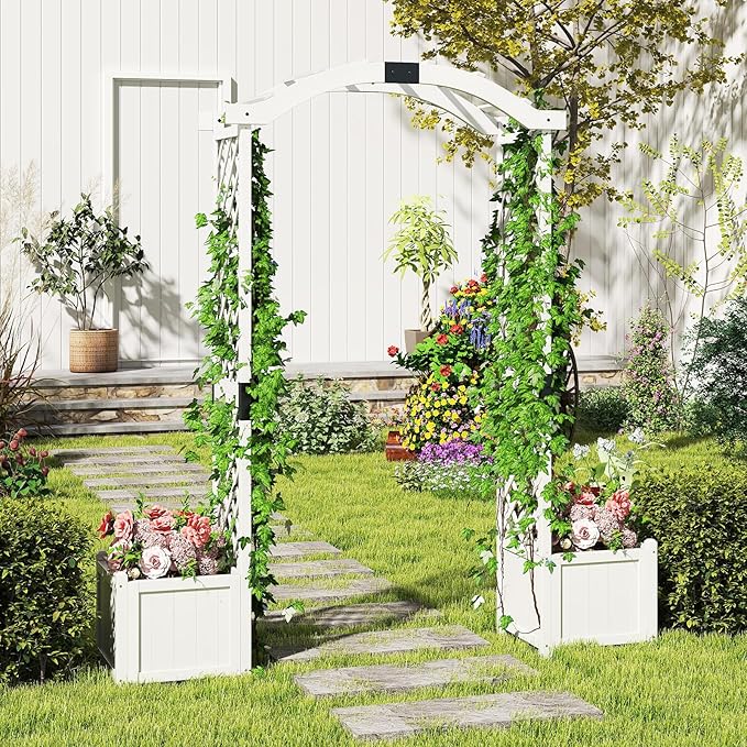 Happygrill Garden Arbor with Planter Boxes, Outdoor Wedding Arch with Trellis for Climbing Plants Vine Vegetables Herbs, Wooden Arbor Archway for Ceremony, Party (White)