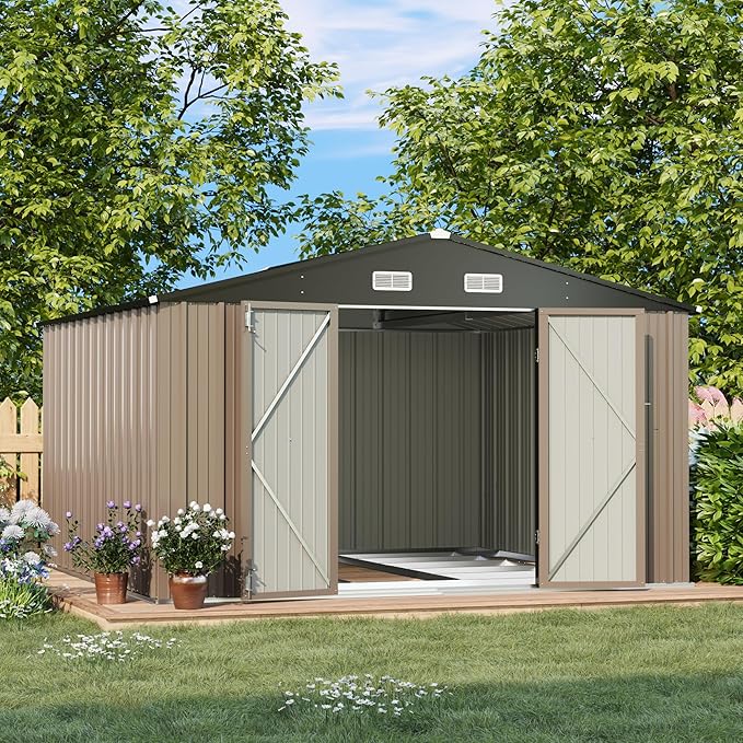 Patiolife Outdoor Storage Shed 10x8 FT with Floor Frame, Garden Tool Metal Shed with Sloping Roof and Double Lockable Door for Backyard Garden & Patio, Brown