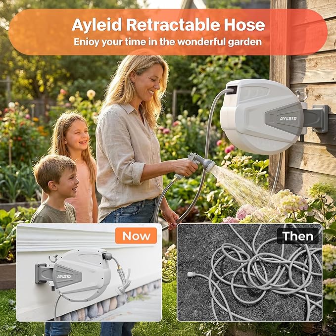 Ayleid Retractable Garden Hose Reel,1/2 in x 100 ft Wall Mounted Hose Reel, with 9- Function Sprayer Nozzle, Any Length Lock/Slow Return System/Wall Mounted/180°Swivel Bracket (Grey)