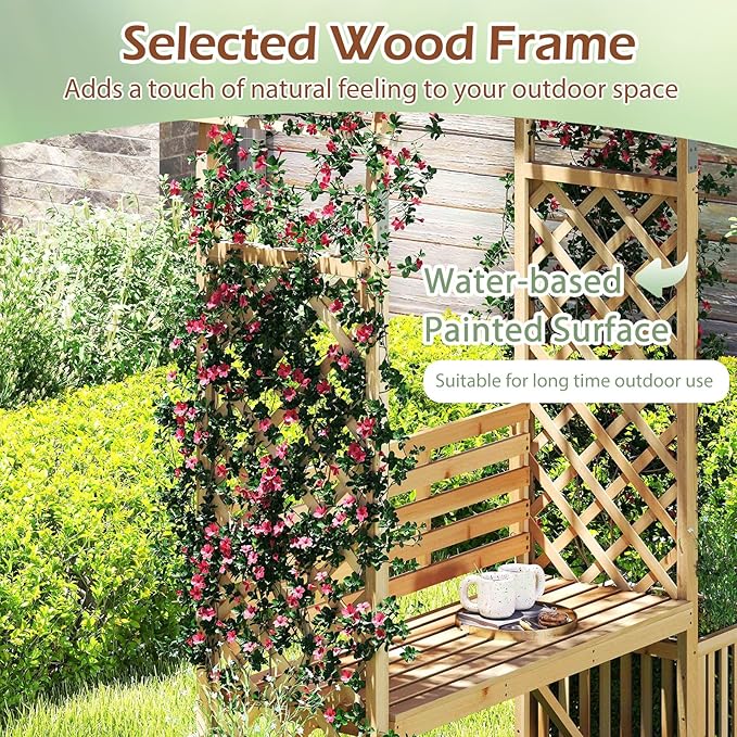 Happygrill Garden Arbor with Bench & 2 Planter, Wooden Garden Arch for Climbing Plants w/Love Seat, 2 Trellises & Planting Box to Grow Grapes & Vines, 2-Person Outdoor Wood Seating for Patio, Backyard