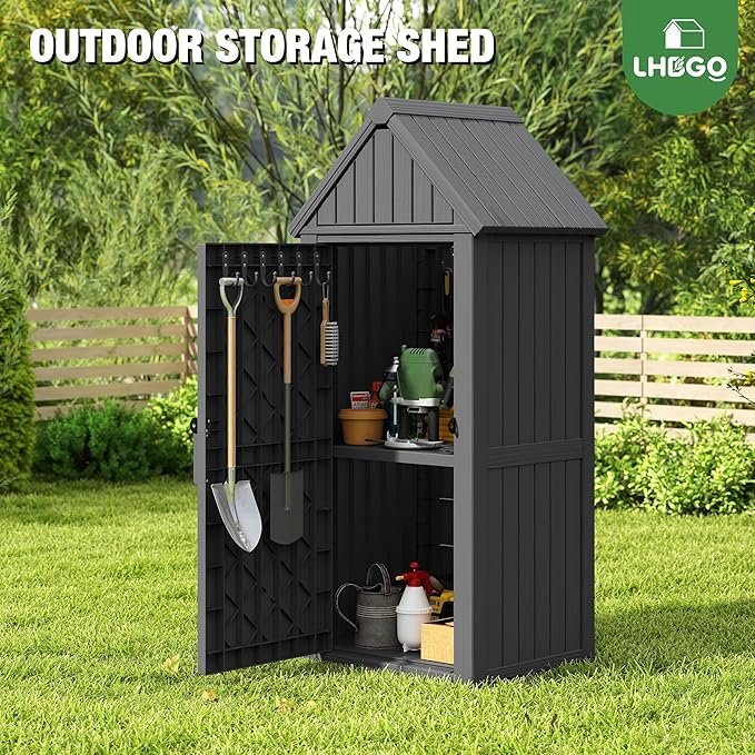 Outdoor Storage Shed with Door & Shelf, Large Capacity Weatherproof Garden Tool Cabinet with Multiple Hooks for Backyard, Patio, Lawn（Black