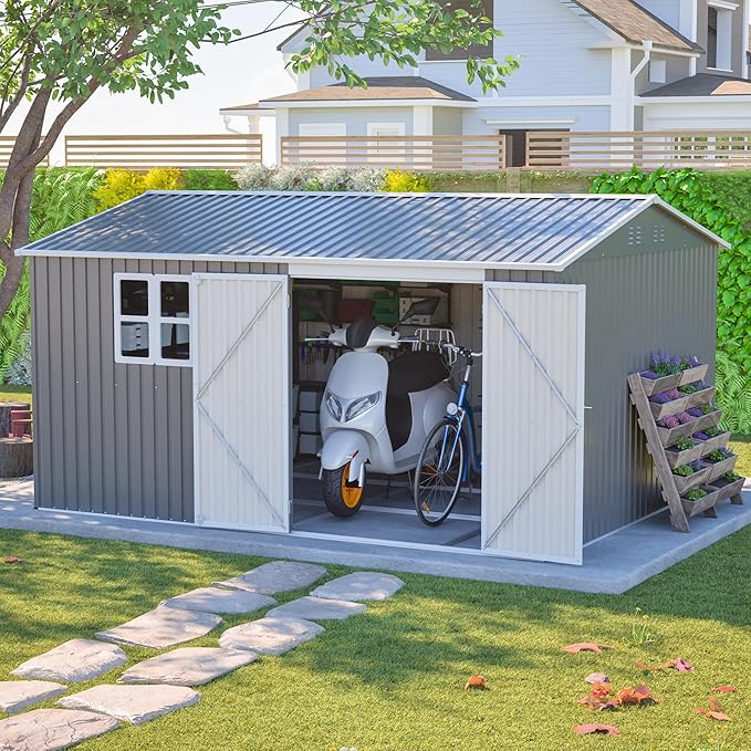 12x10 FT Outdoor Storage Shed,Metal Shed W/Window & Floor Frame,Garden Tool House W/Sloped Roof,Lockable Doors & Air Vents,for Backyard Patio Lawn,Gray