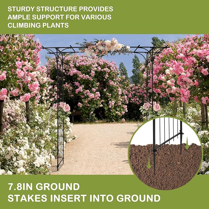 Outvita 7Ft Garden Arch Arbor, Steel Frame Stand Trellis, Arbour Archway for Wedding Ceremony Decoration Plant Climbing Rose Vines Lawn Courtyard Patio Pathway Black