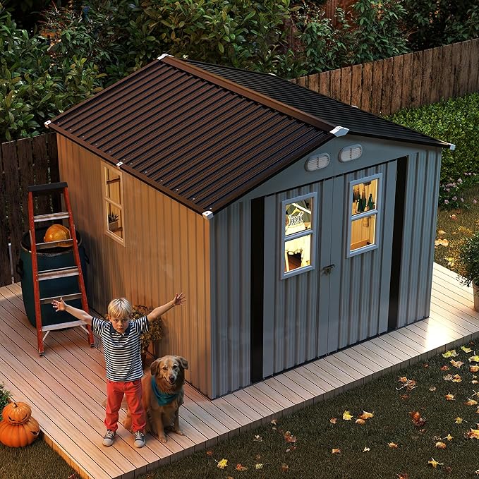 8x8 SF Outdoor Storage Shed,Metal Shed with Lockable Doors & 4 Daylight Windows,Garden Tool Shed w/Air Vents & Sloped Roof, Ideal for Backyard,Patio,Lawn,White