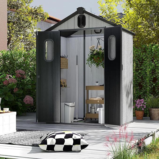 Domi 5x3Ft Resin Outdoor Storage Shed, Small Plastic Garden Shed with Carpet, Outside Weatherproof Storage Building for Tools, Bike, Lawn Mower, Patio, Backyard