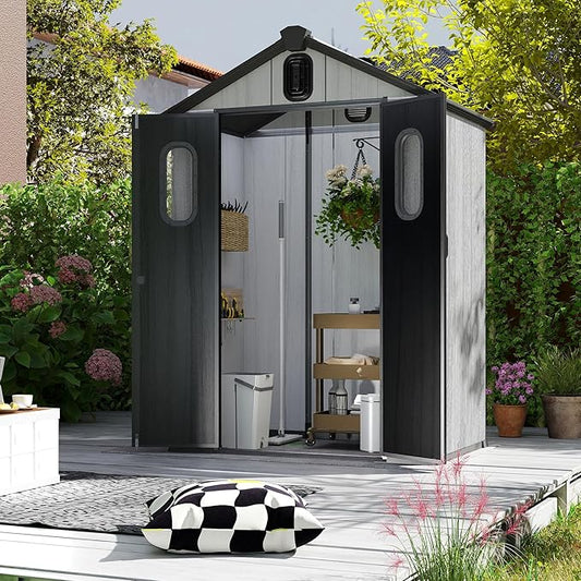 Domi 5x3Ft Resin Outdoor Storage Shed, Small Plastic Garden Shed with Carpet, Outside Weatherproof Storage Building for Tools, Bike, Lawn Mower, Patio, Backyard