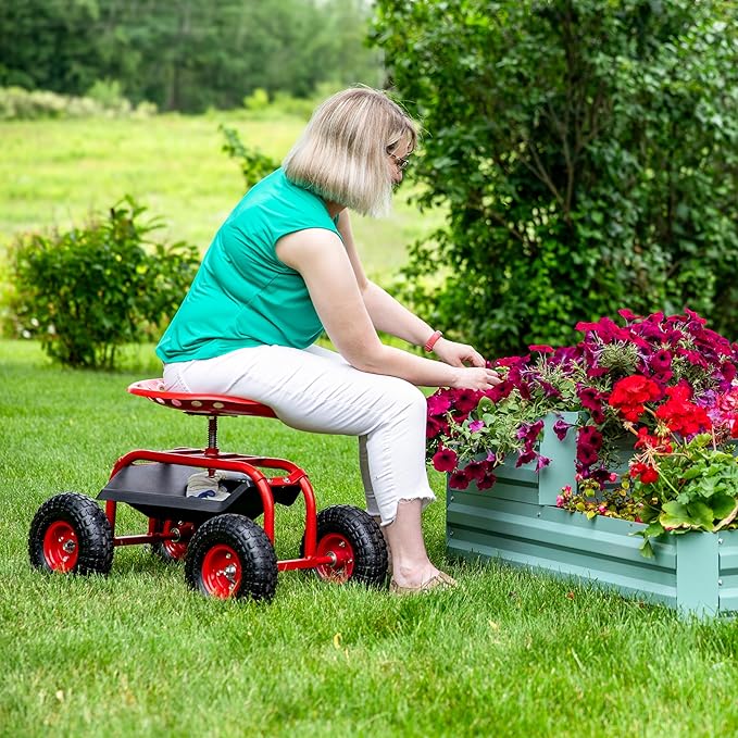 Sunnydaze Rolling Garden Cart with Swivel Seat and Storage - Rolling Garden Seat with Wheels - Gardening Stool with Wheels - Red
