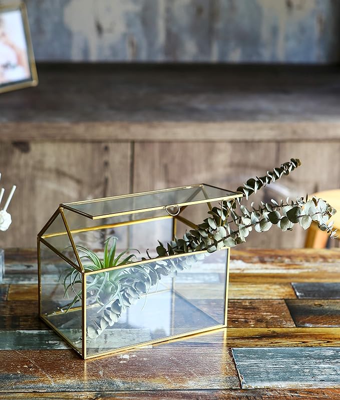 House Shape Close Glass Geometric Terrarium Tabletop Succulent Plant House Garden Planter Moss Fern Swing Lid, Flower Pot for Plants Succulent, Air Plant (Gold)