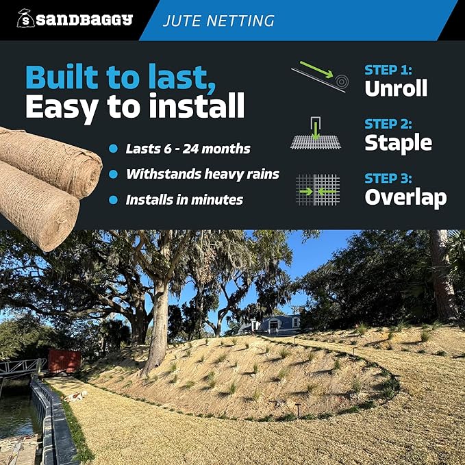 Sandbaggy Jute Netting Roll, 8 ft x 112ft - Biodegradable Erosion Control Blanket for Slopes, Hills & Drainage, Eco-Friendly, Durable Soil Stabilizer, Contractor-Approved for Landscaping (5 Rolls)