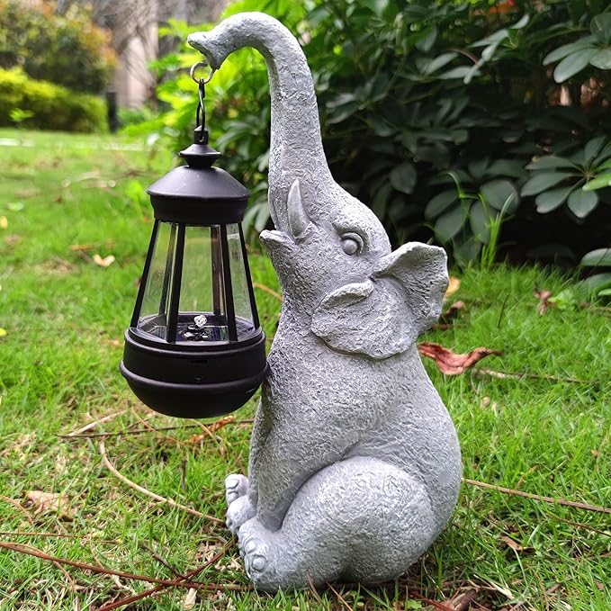Elephant Solar Garden Statues,Resin Elephant Figurine Decorations with Solar Lights Lantern, Outdoor Garden Decor Art for Lawn,Yard, Unique Housewarming Gift for Garden Home