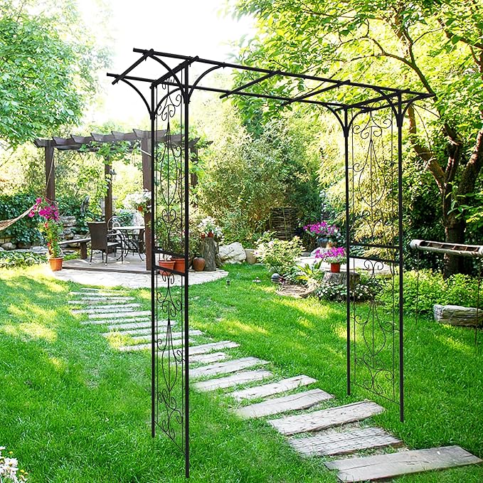 Metal Garden Arch, Assembly Garden Arbor,Trellis Climbing Plants Support, Rose Outdoor Arch,Wedding Arch Party Events Archway (Black, W20.47'' x H81.1)