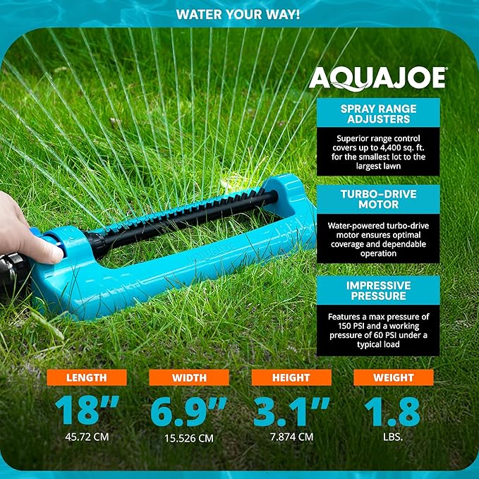 Aqua Joe SJI-OMS20 Jumbo Oscillating Sprinkler with Adjustable Spray and Metal Base, Up to 4,400-Square-Foot Coverage, 70-Foot Spray Distance, 63-Foot Spray Width