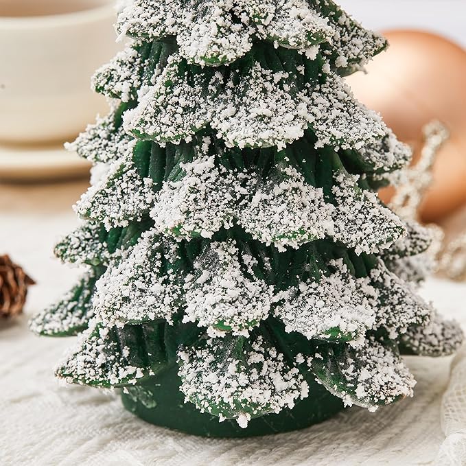 Christmas Tree Candles Covered in Snow with Remote, 2 Pcs Waxy LED Flameless Candles Flickering, Green Electric Candles Battery Operated for New Year Celebration Holiday Decorations 8.5 Inches