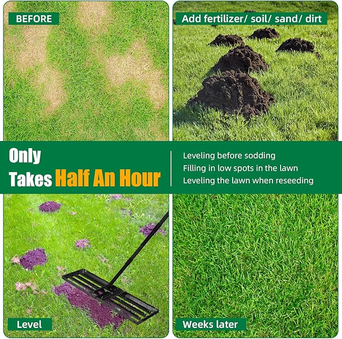 Lawn Leveling rake 34.1"x9.4" Levelawn Tool with 70.5" Adjustable Long Handle Heavy Duty Landscape Leveling Rake Lawn Leveler Yard Tool for Backyard, Golf Course, Garden, Pasture, Farm