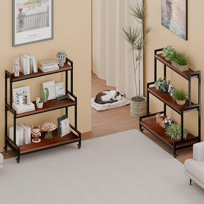 Plant Stand Indoor with Wheels 37” H, Rolling Plant Shelf Rack Outdoor,Metal Plant Stand with Solid Wood for Multiple Plants,Industrial Ladder Plant Flower Shelf for Garden,Living Room,Walnut