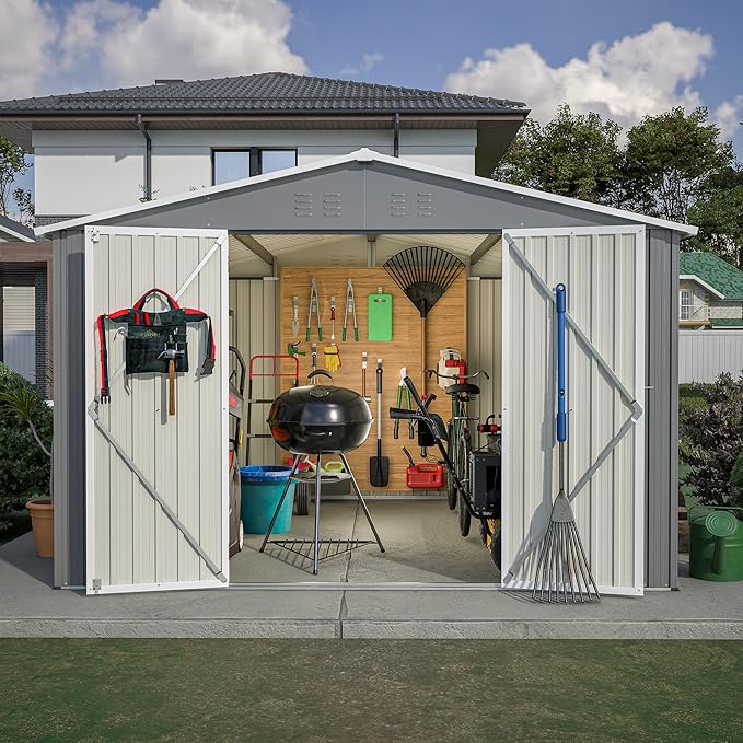 10x10 FT Outdoor Storage Shed, Large Metal Garden Shed with Lockable Hinged Doors, Outside Tool Shed with Sloped Roof & 4 Air Vents, Waterproof Storage Building for Backyard, Patio, Lawn, Gray